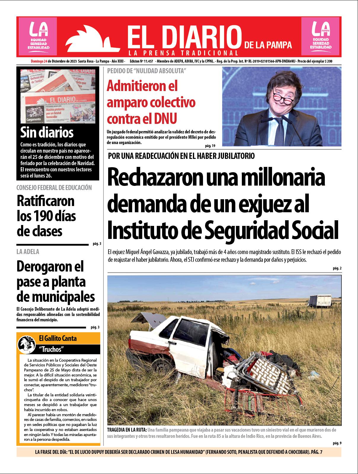 Tapa de El Diario en papel  domingo 24 de diciembre de 2023